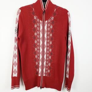Eddie Bauer Vintage Red  Snowflake Fair isle‎ Zip Front Cardigan Sweater Ski